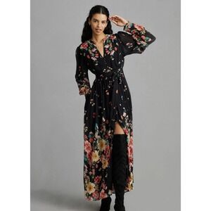 Anthropologie Forever That Girl Maxi Dress XS Black Floral Boho Prairie Cottage